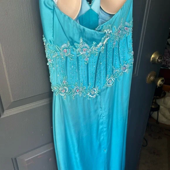 Turquoise Blue Silk Corset Halter Evening Prom Gown - Picture 9 of 16